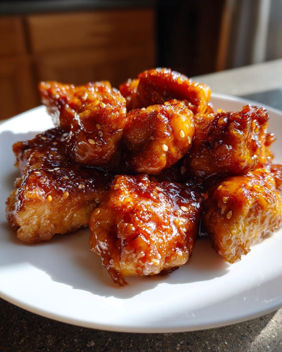 Nahaufnahme von St&uuml;cken Melt In Your Mouth Chicken in einer gl&auml;nzenden, dunklen Glasur mit Sesamk&ouml;rnern auf einem wei&szlig;en Teller.