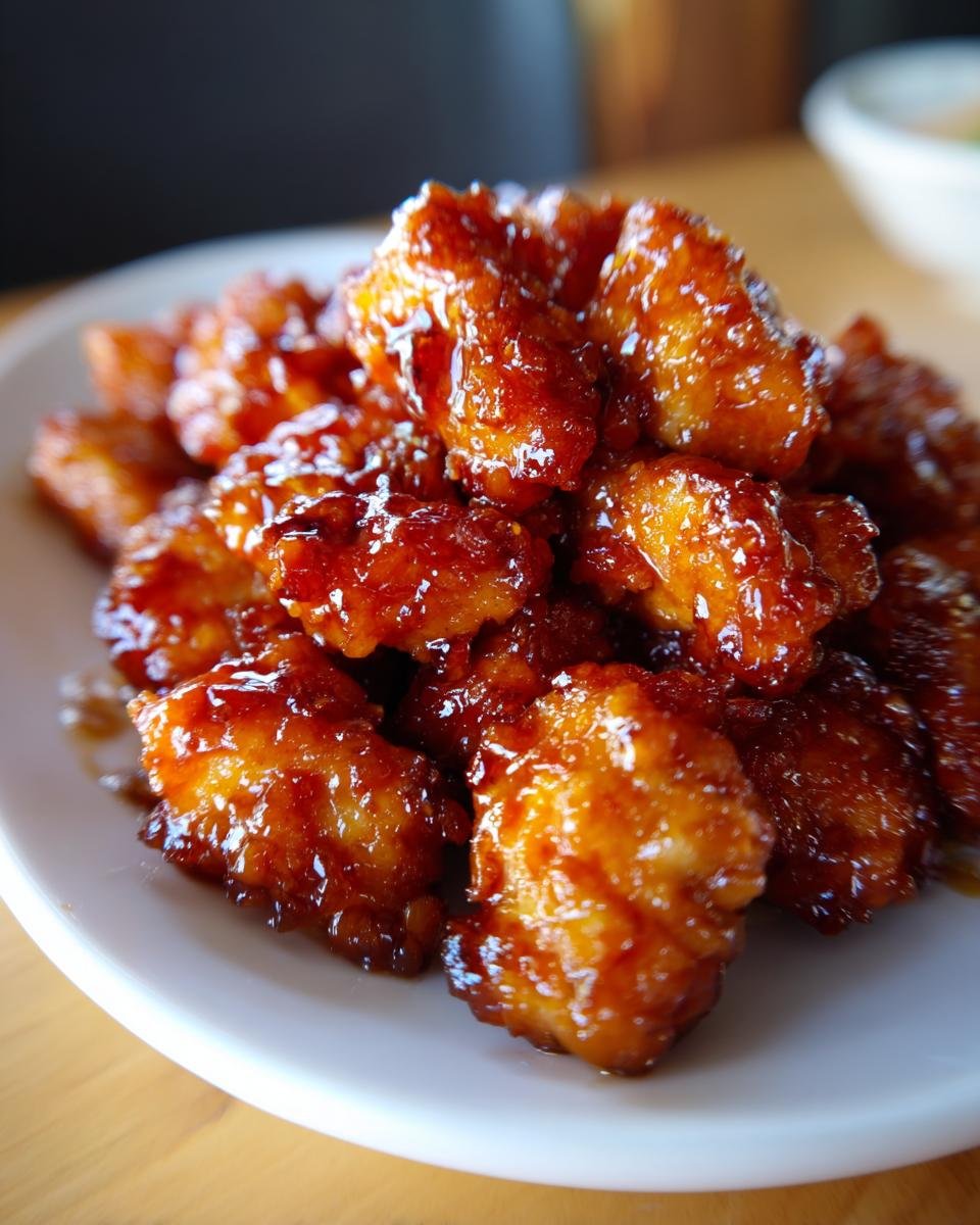 Nahaufnahme von saftigen, glasierten St&uuml;cken Melt In Your Mouth Chicken auf einem wei&szlig;en Teller.