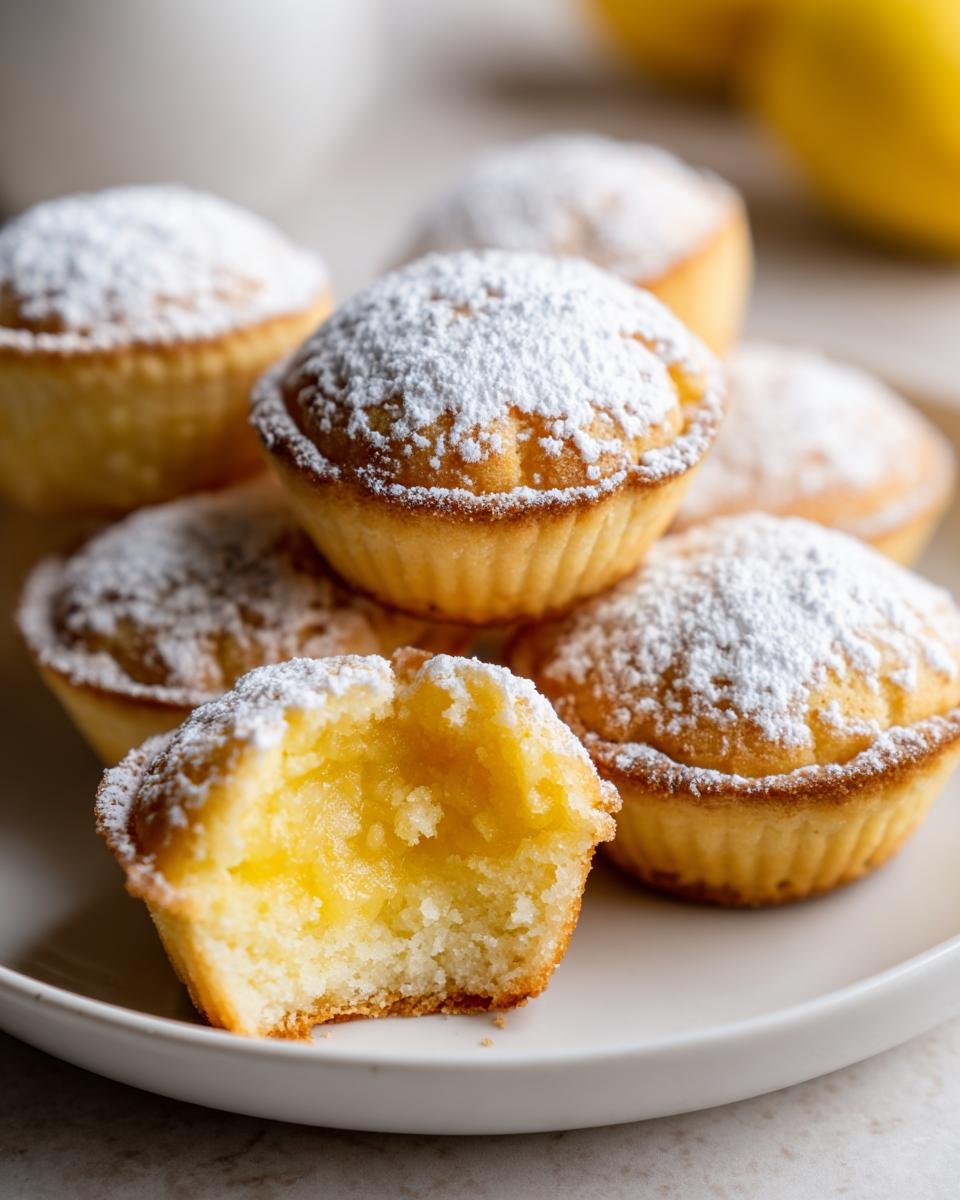 Ein angeschnittener Keks zeigt die gelbe F&uuml;llung der Mini Baby Lemon Impossible Pies, best&auml;ubt mit Puderzucker.