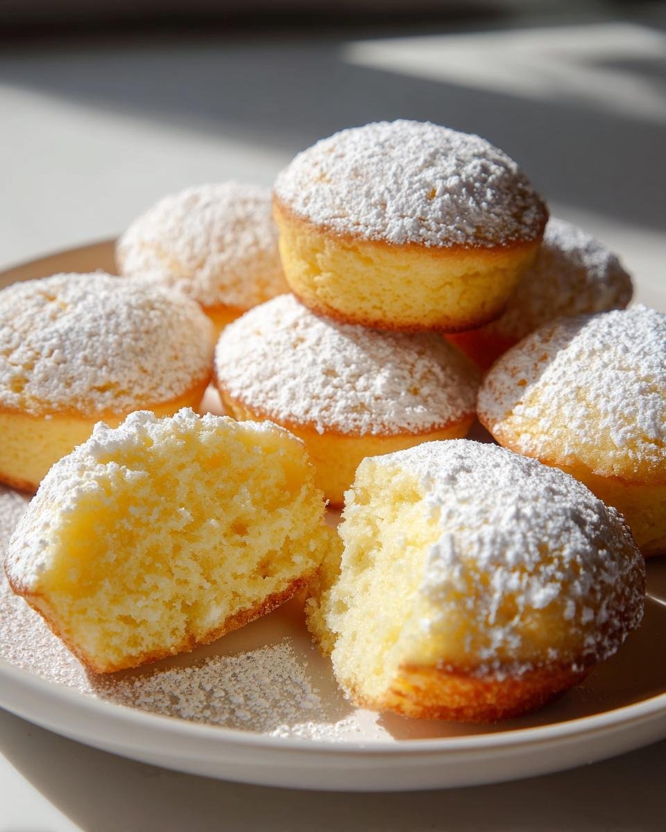 Ein Teller voller goldgelber Mini Baby Lemon Impossible Pies, best&auml;ubt mit Puderzucker, einer ist aufgeschnitten.