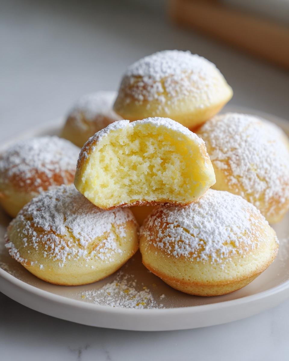 Stapel von Mini Baby Lemon Impossible Pies, best&auml;ubt mit Puderzucker, eines aufgeschnitten.