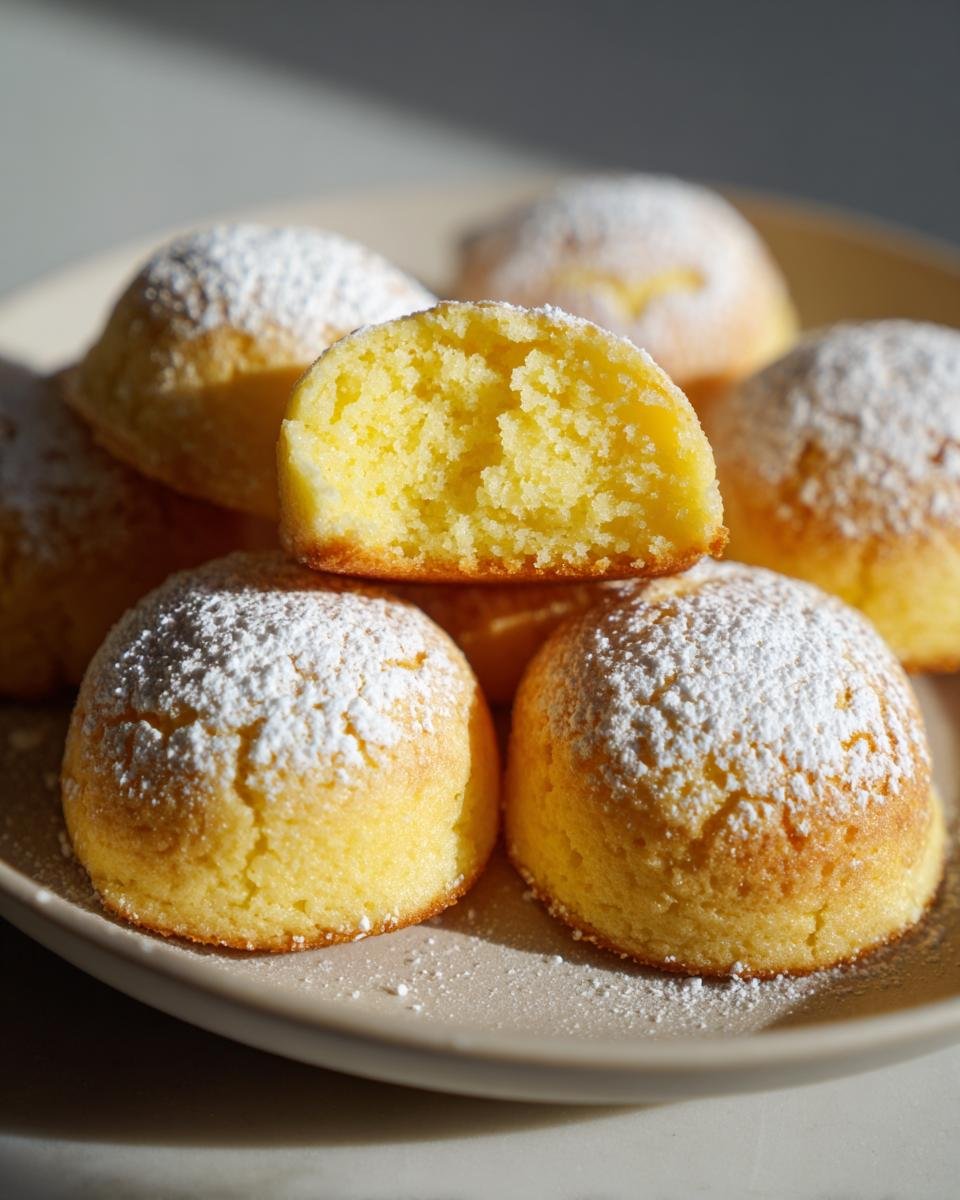 Stapel von Mini Baby Lemon Impossible Pies, best&auml;ubt mit Puderzucker, eines aufgeschnitten.