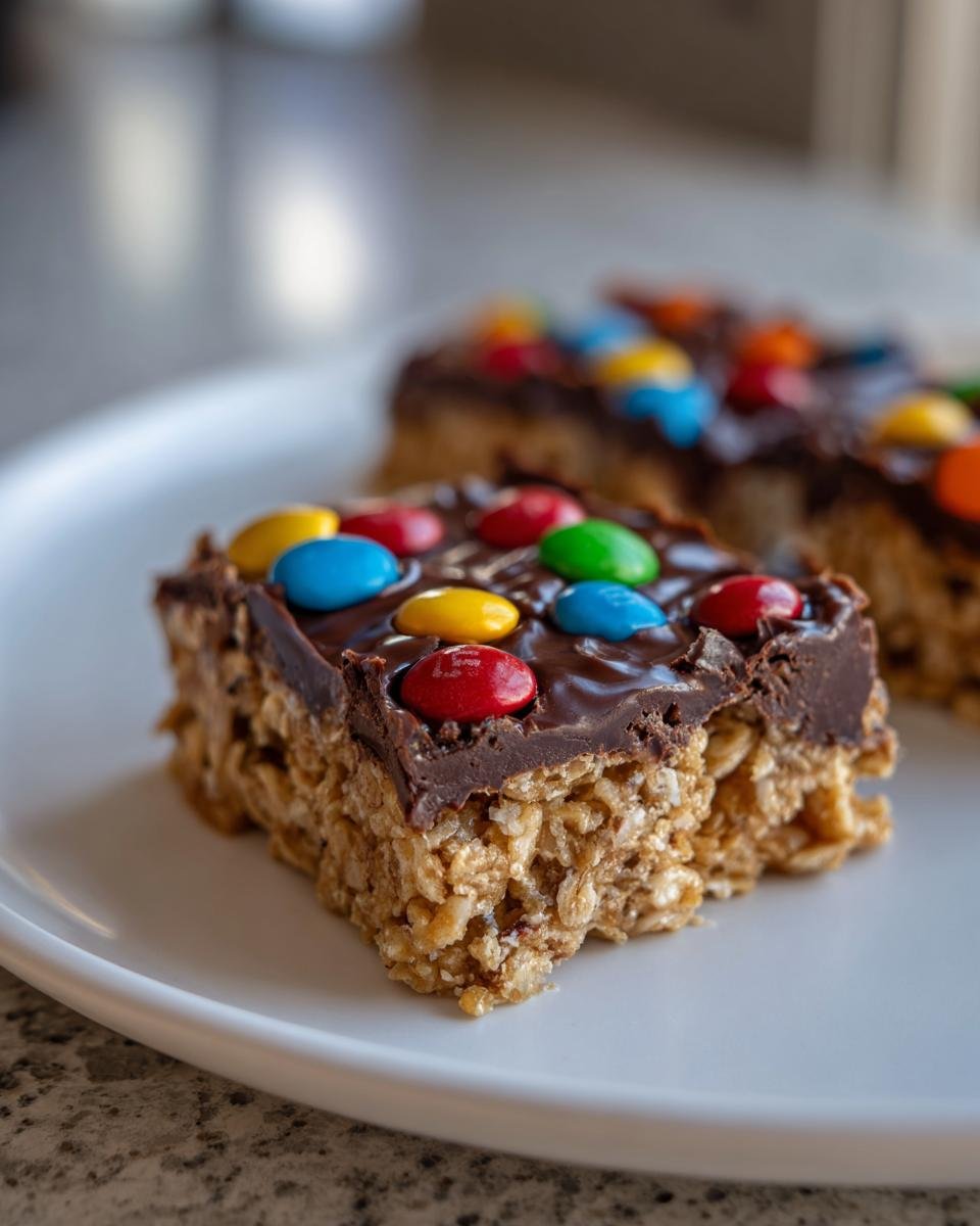 Nahaufnahme eines M&M Chocolate Fudge Oatmeal Bars mit Schokoladenglasur und bunten Smarties auf einem wei&szlig;en Teller.