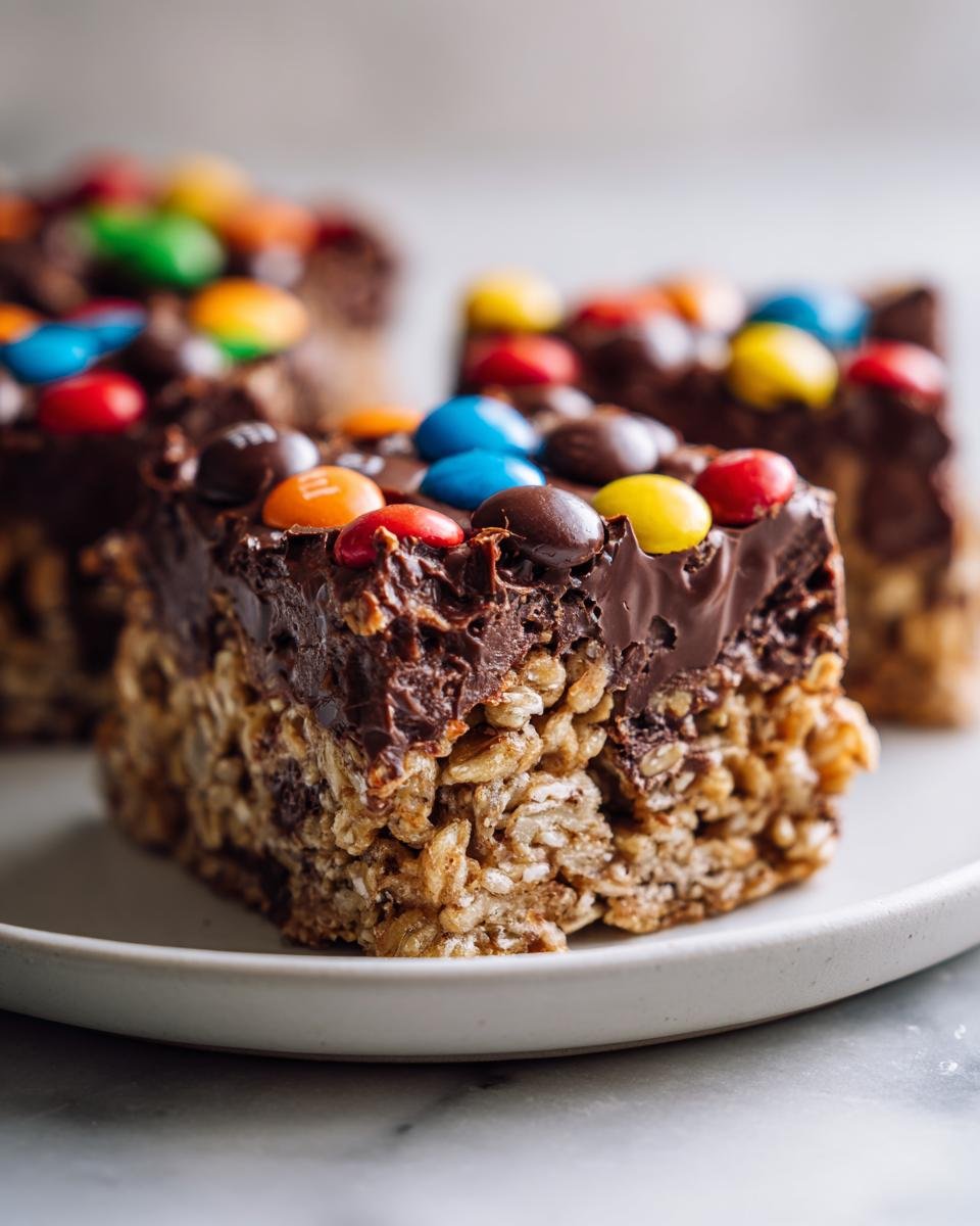 Nahaufnahme eines St&uuml;cks Irresistible M M Chocolate Fudge Oatmeal Bars mit Schokoladenglasur und bunten M&Ms.