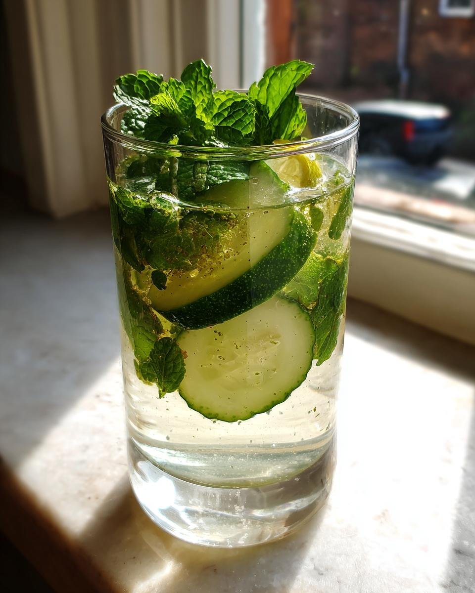 Erfrischendes Glas mit dem Natural Zepbound Refreshing Weight Loss Drink, gef&uuml;llt mit Wasser, Gurkenscheiben und Minze.