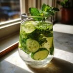 Nahaufnahme eines erfrischenden Natural Zepbound Refreshing Weight Loss Drink mit Gurkenscheiben und Minze.