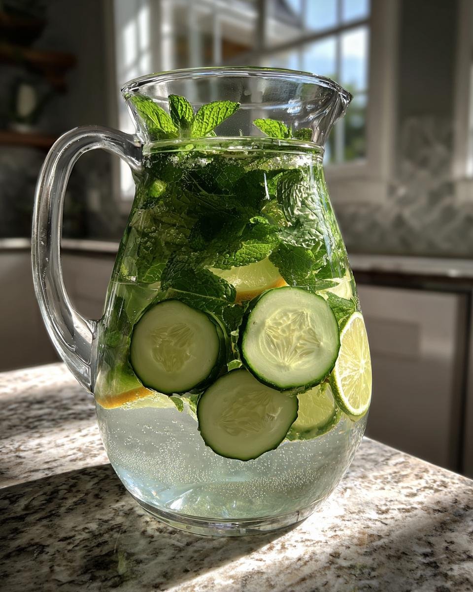 Glaskrug gef&uuml;llt mit Wasser, Gurkenscheiben, Limette und viel frischer Minze f&uuml;r das Natural Zepbound Drink Rezept.