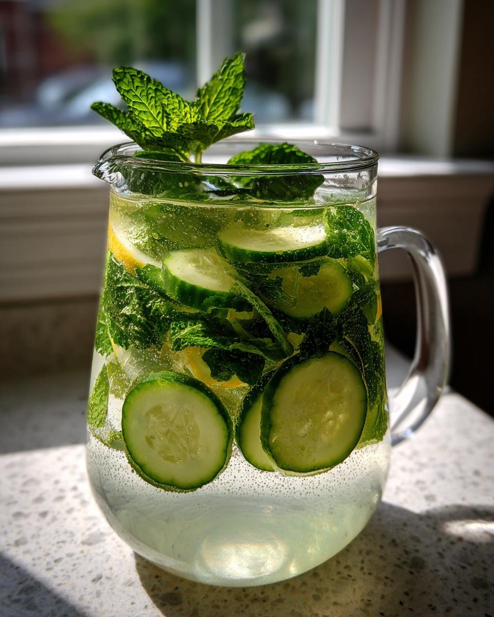 Ein Krug mit einem erfrischenden Natural Zepbound Drink, gef&uuml;llt mit Gurkenscheiben, Minze und Zitrone.