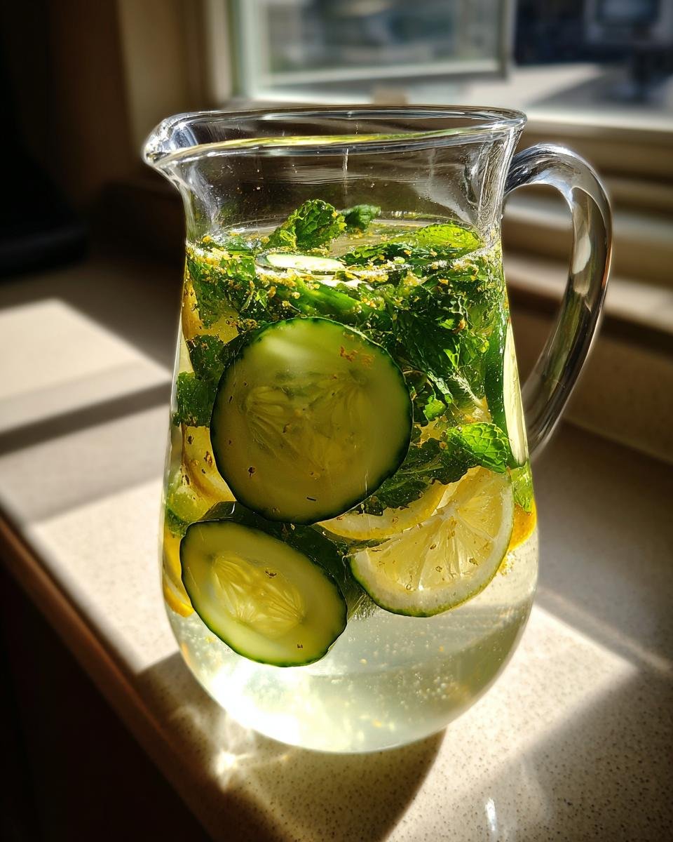 Glaskrug gef&uuml;llt mit Wasser, Gurkenscheiben, Zitronenscheiben und Minze f&uuml;r den Natural Zepbound Refreshing Weight Loss Drink.