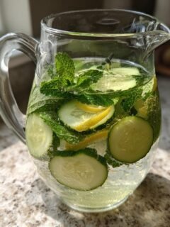 Glaskrug gef&uuml;llt mit Wasser, Gurkenscheiben, Zitronenscheiben und Minze f&uuml;r das Natural Zepbound Erfrischendes Getr&auml;nk.