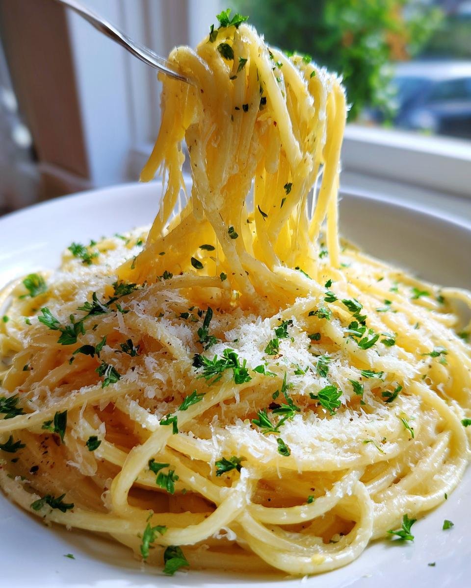 Nahaufnahme von cremigem One Pan Butter Parmesan Pasta, das mit einer Gabel hochgezogen wird und mit Parmesan und Petersilie bestreut ist.