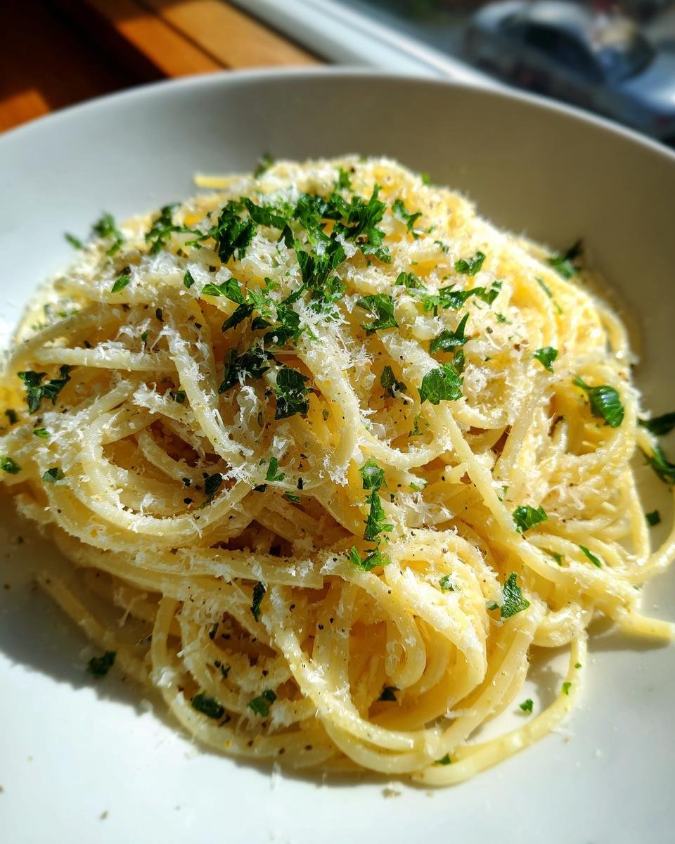 Nahaufnahme von One Pan Butter Parmesan Pasta, bestreut mit geriebenem K&auml;se und frischer Petersilie.