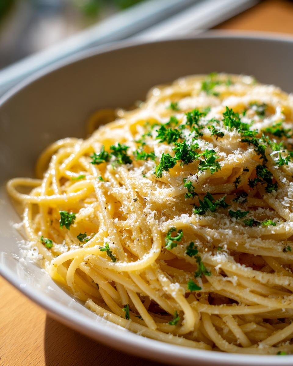 Nahaufnahme von One Pan Butter Parmesan Pasta, bestreut mit geriebenem K&auml;se und frischer Petersilie.