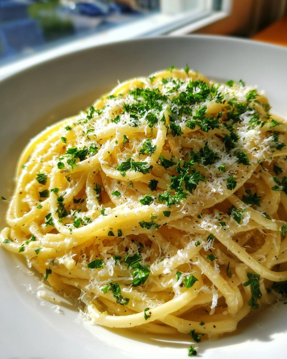 Nahaufnahme von One Pan Butter Parmesan Pasta, bestreut mit geriebenem K&auml;se und frischer Petersilie.