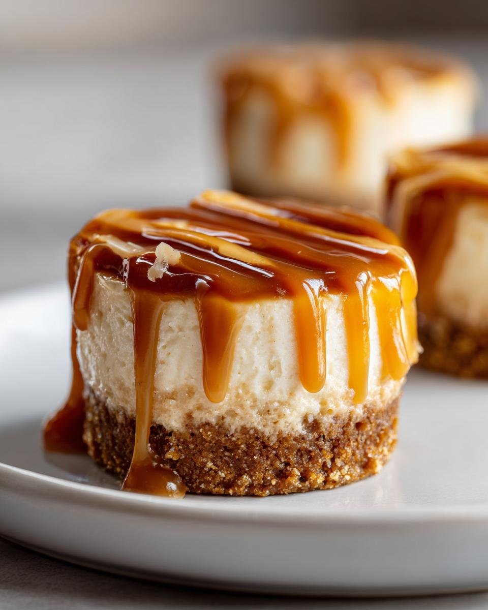 Nahaufnahme eines Mini-Cheesecakes mit Erdnussbutter-Karamell-Sauce, die &uuml;ber die cremige F&uuml;llung tropft.