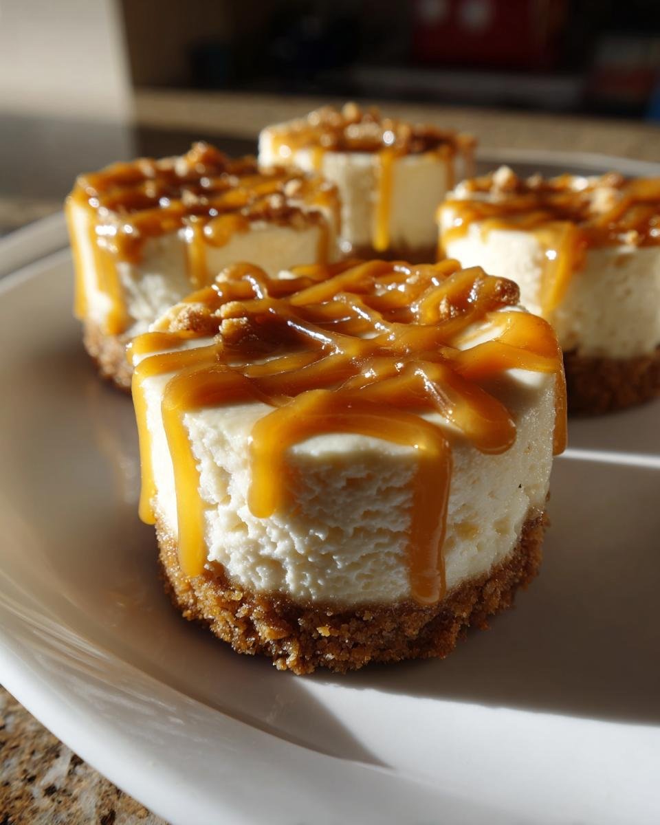 Vier k&ouml;stliche, kleine K&auml;sekuchen mit Erdnussbutter und Karamell-Topping auf einem wei&szlig;en Teller.