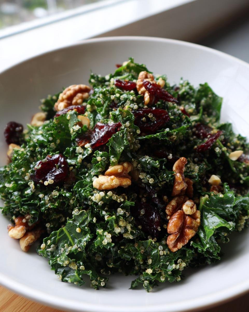 Nahaufnahme des Protein Packed Kale Quinoa Salad mit Gr&uuml;nkohl, Quinoa, Waln&uuml;ssen und getrockneten Cranberrys.