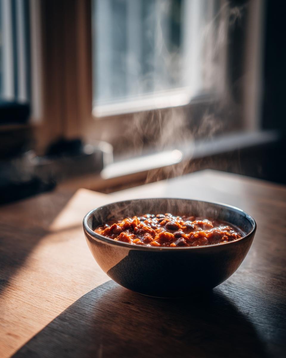Eine dampfende Sch&uuml;ssel mit Quick Easy Black Bean Chili auf einem Holztisch im Sonnenlicht.
