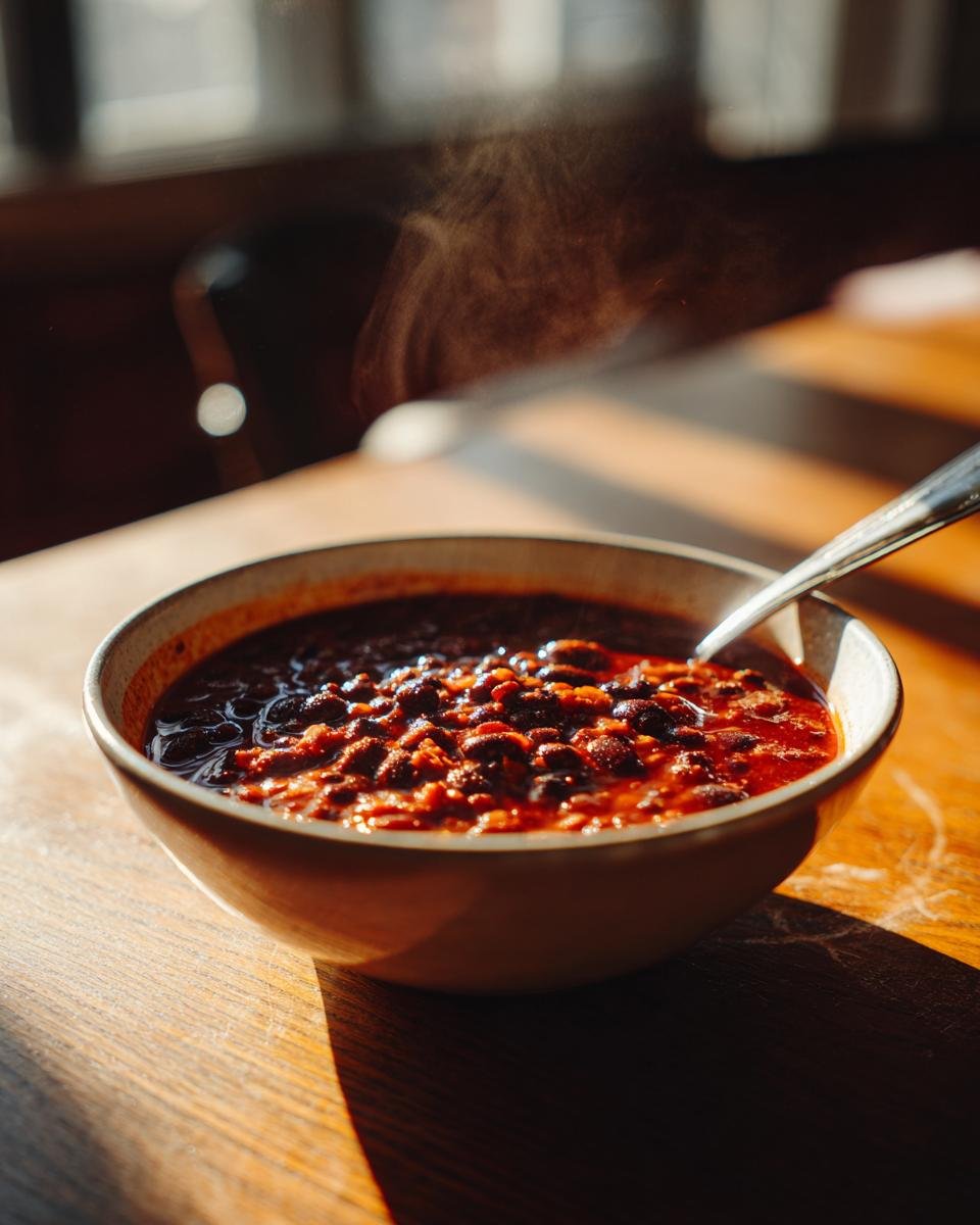 Eine dampfende Sch&uuml;ssel mit Quick Easy Black Bean Chili Recipe steht auf einem Holztisch im warmen Sonnenlicht.