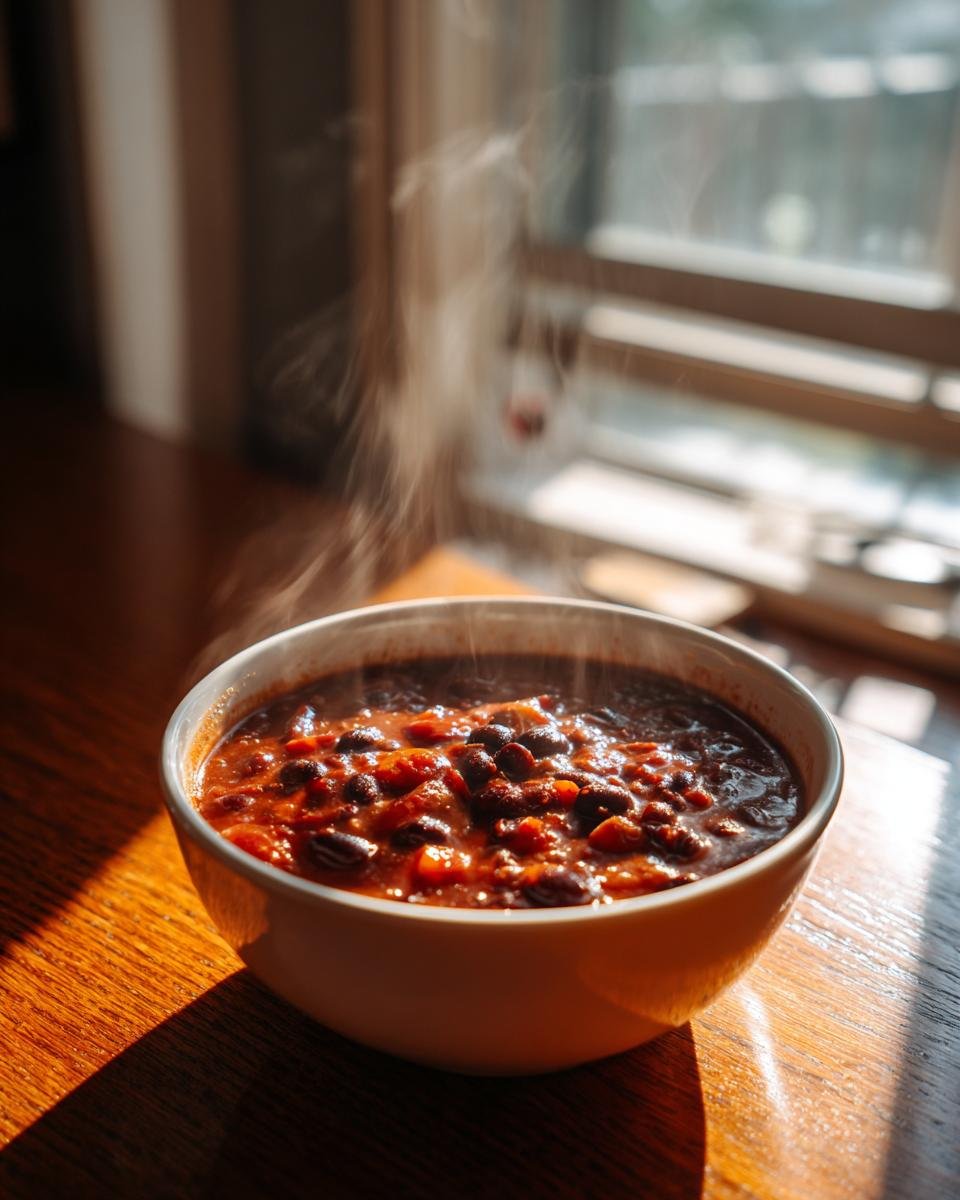 Eine dampfende Sch&uuml;ssel mit Quick Easy Black Bean Chili Rezept auf einem Holztisch im Sonnenlicht.