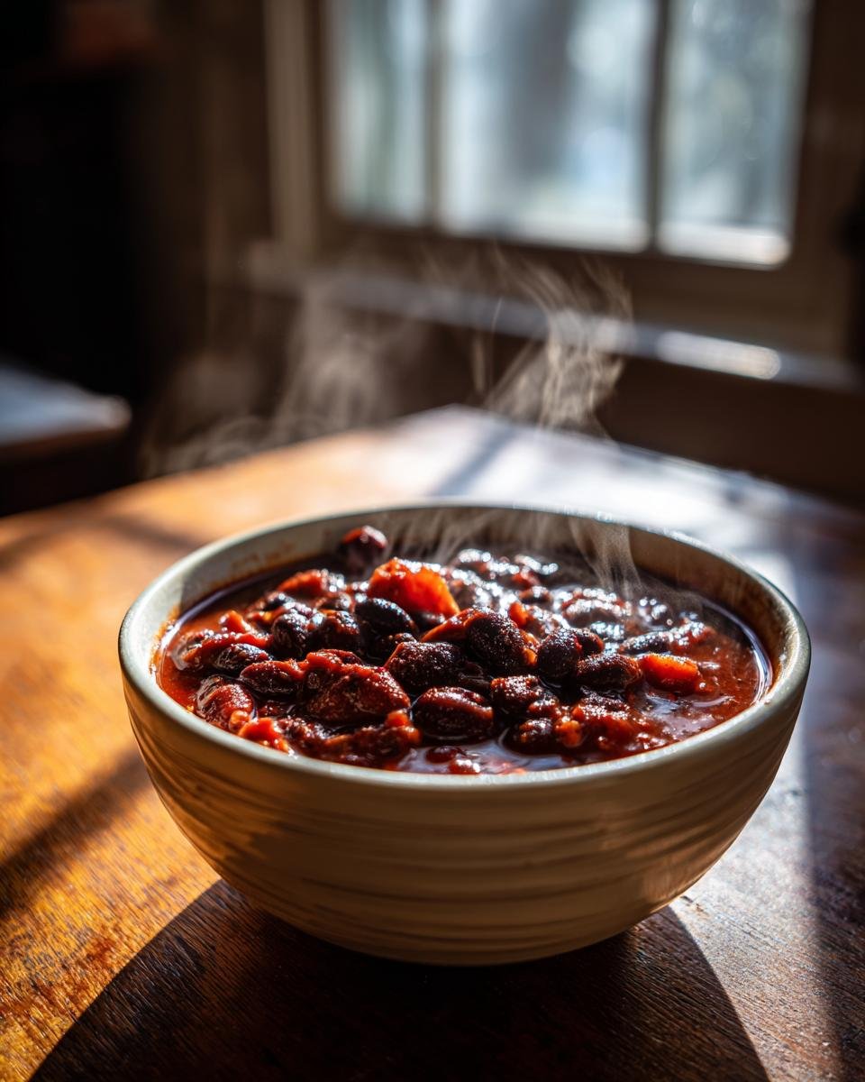 Nahaufnahme einer dampfenden Sch&uuml;ssel mit Quick Easy Black Bean Chili auf einem Holztisch im Sonnenlicht.