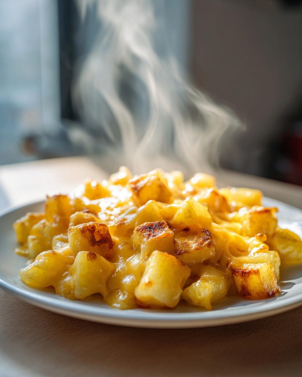 Nahaufnahme von dampfenden, goldbraun gebratenen Kartoffelw&uuml;rfeln in einer cremigen K&auml;sesauce &ndash; Quick Easy One Pan Cheesy Potato Skillet.