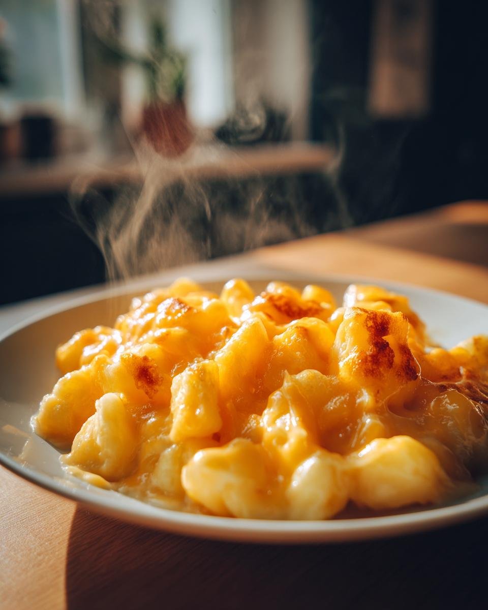 Nahaufnahme von dampfendem Quick Easy One Pan Cheesy Potato Skillet mit goldbraun &uuml;berbackenem K&auml;se.