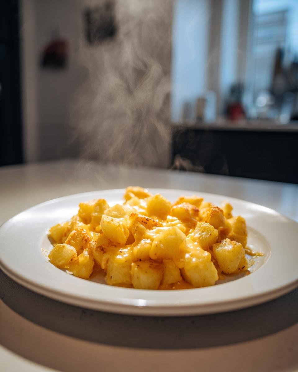 Ein Teller mit dampfenden, gew&uuml;rfelten Kartoffeln, bedeckt mit geschmolzenem K&auml;se, aus dem Quick Easy One Pan Cheesy Potato Skillet.