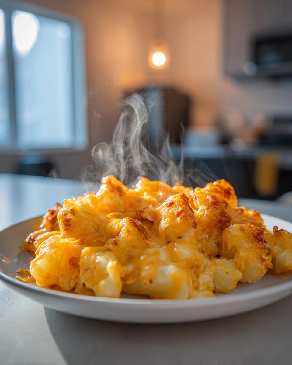Nahaufnahme von dampfenden Kartoffelst&uuml;cken mit geschmolzenem, goldgelbem K&auml;se, dem Quick Easy One Pan Cheesy Potato Skillet.