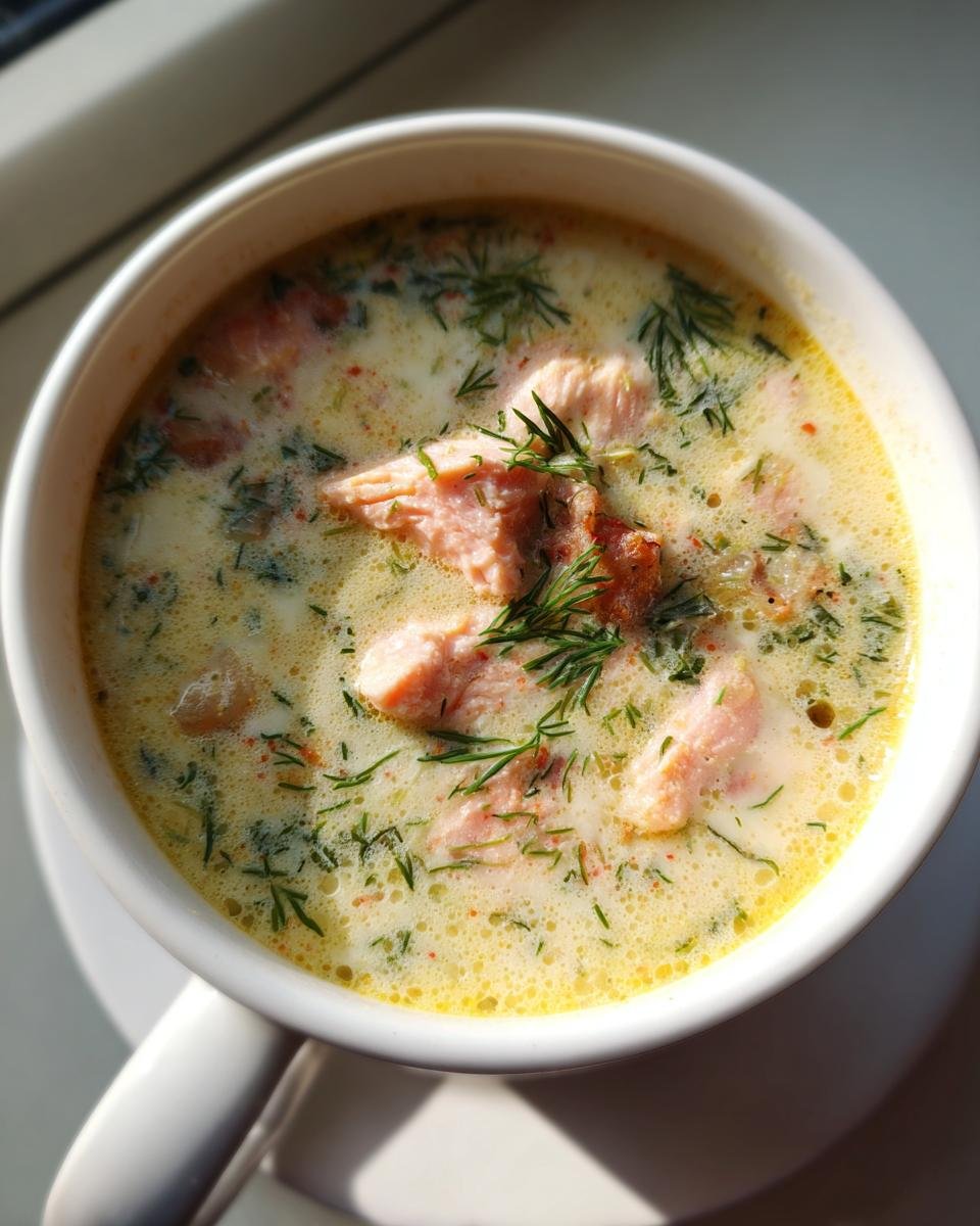 Nahaufnahme einer Sch&uuml;ssel mit cremiger Quick Easy Salmon Soup, belegt mit Lachsst&uuml;cken und frischem Dill.