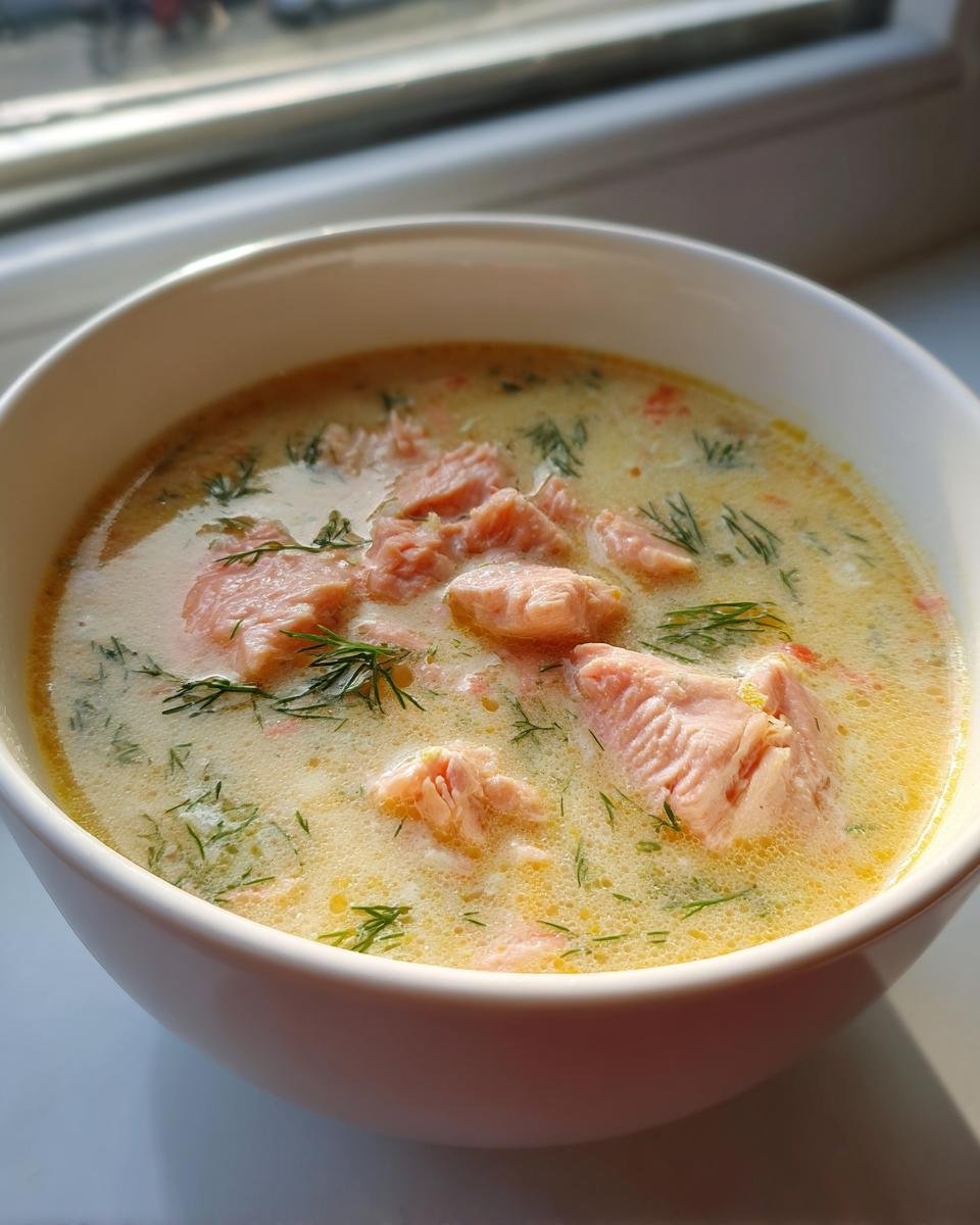 Nahaufnahme einer cremigen Quick Easy Salmon Soup mit gro&szlig;en St&uuml;cken rosa Lachs und frischem Dill.