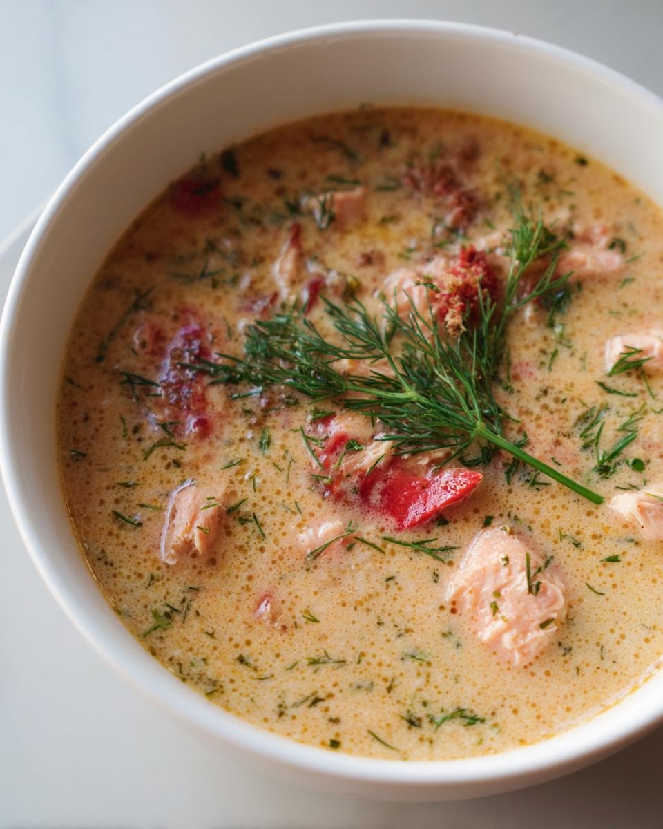 Eine cremige Sch&uuml;ssel mit Quick Easy Salmon Soup, garniert mit frischem Dill und Lachsst&uuml;cken.