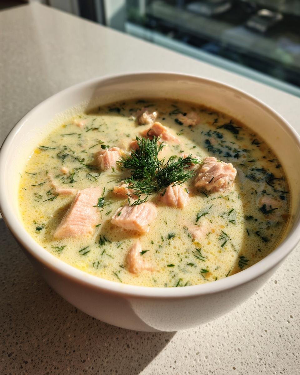 Nahaufnahme einer wei&szlig;en Sch&uuml;ssel mit cremiger Quick Easy Salmon Soup, garniert mit frischem Dill.
