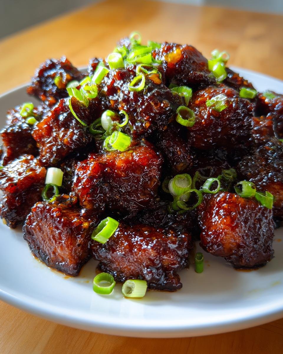 Nahaufnahme von glasierten Quick Flavorful Firecracker Steak Bites, garniert mit frischen, geschnittenen Fr&uuml;hlingszwiebeln.