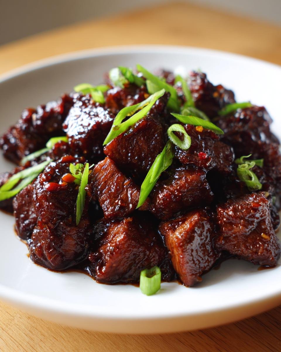 Nahaufnahme von Quick Flavorful Firecracker Steak Bites, glasiert und mit Fr&uuml;hlingszwiebeln garniert.