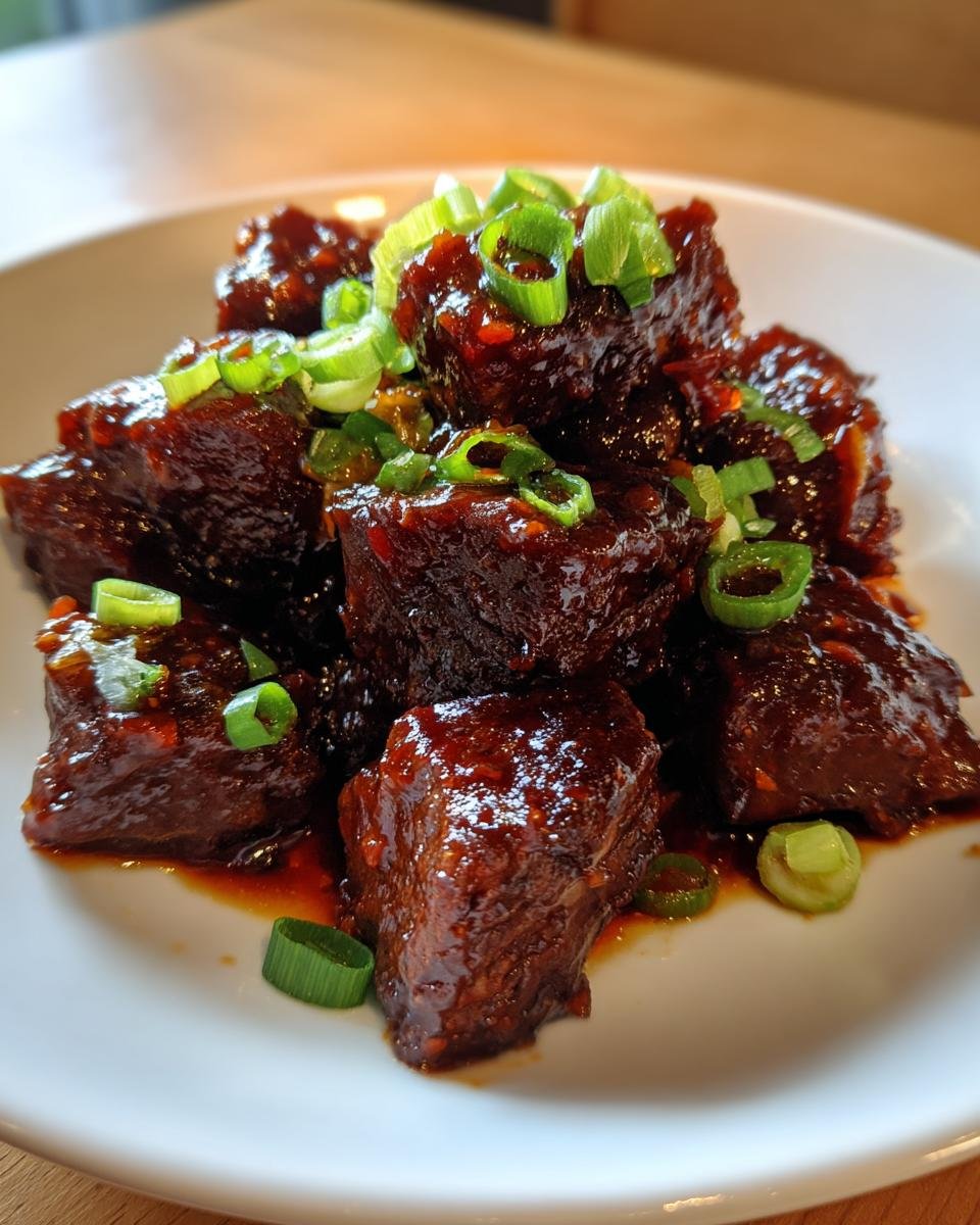 Nahaufnahme von Quick Flavorful Firecracker Steak Bites in einer w&uuml;rzigen, dunklen So&szlig;e, garniert mit geschnittenen Fr&uuml;hlingszwiebeln.