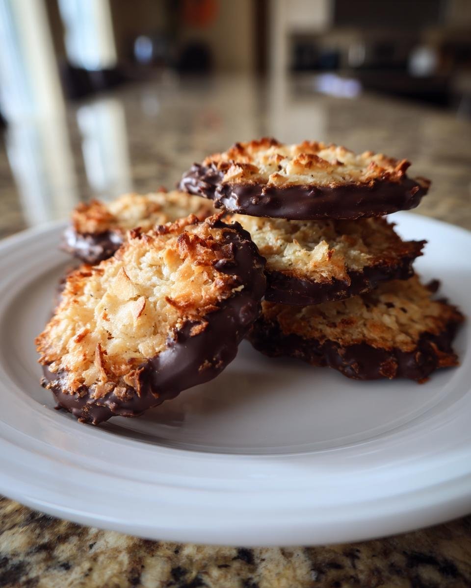 Stapel von Quick Florentines Mandelgeb&auml;ck mit Schokoladenboden auf einem wei&szlig;en Teller.