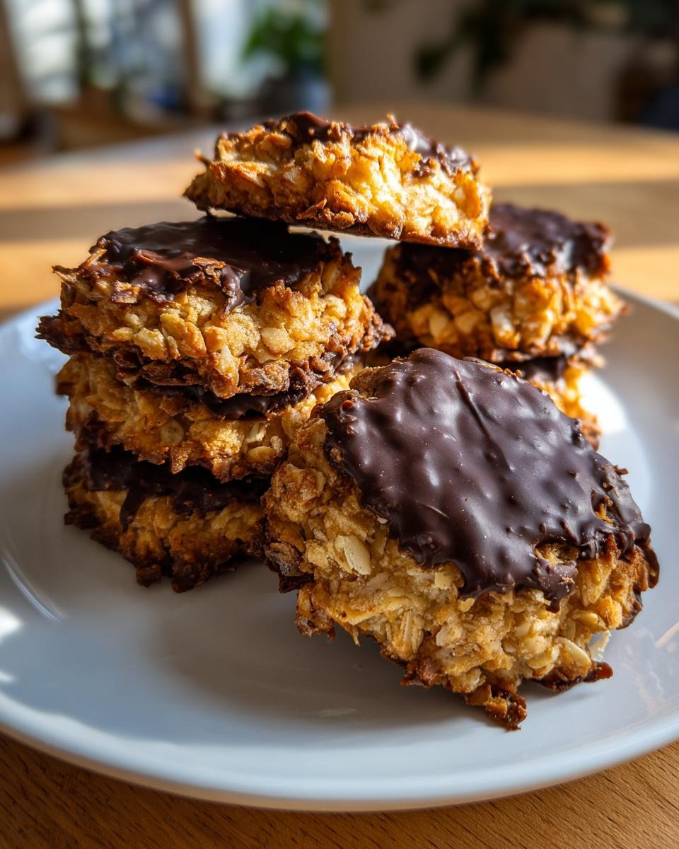 Stapel von Quick Florentines Mandelgeb&auml;ck mit Schokolade auf einem wei&szlig;en Teller, goldbraun gebacken.