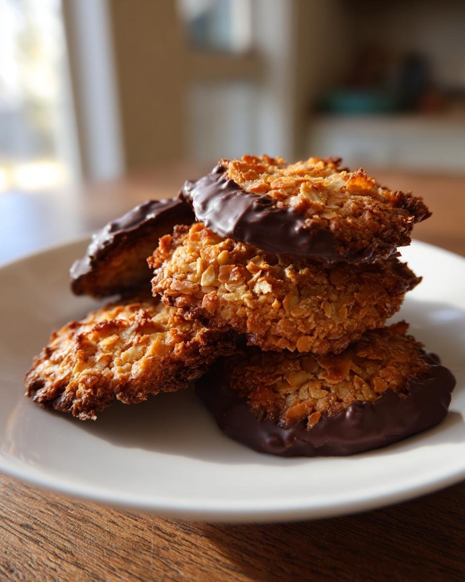 Stapel von Quick Florentines Mandelgeb&auml;ck, deren Unterseite in dunkle Schokolade getaucht ist.