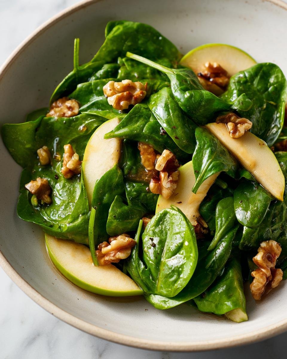 Nahaufnahme eines Quick Healthy Easy Apple Spinach Salad mit frischem Spinat, Apfelscheiben und Waln&uuml;ssen in einer Schale.