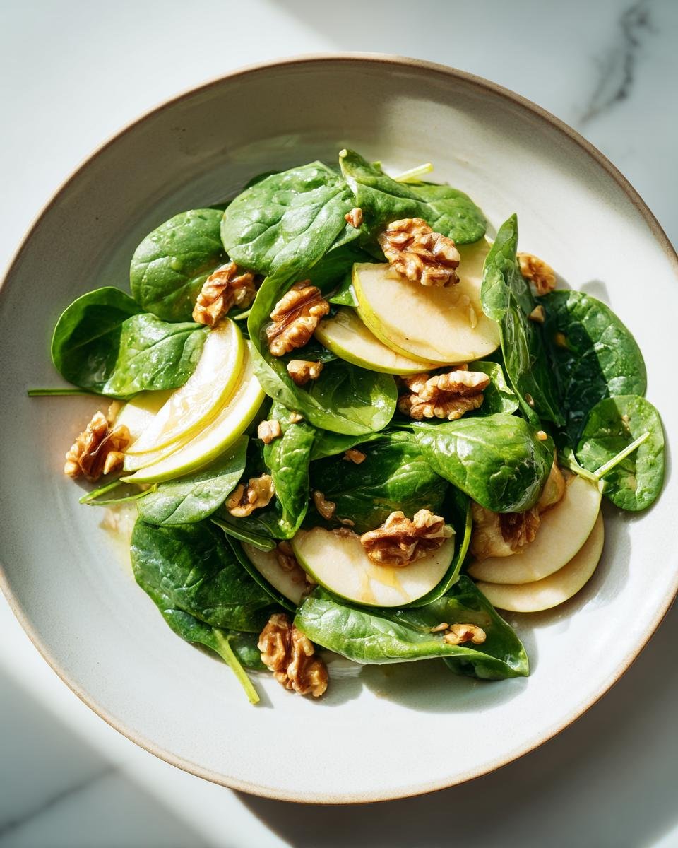Nahaufnahme eines Quick Healthy Easy Apple Spinach Salad mit frischem Spinat, Apfelscheiben und Waln&uuml;ssen auf einem hellen Teller.