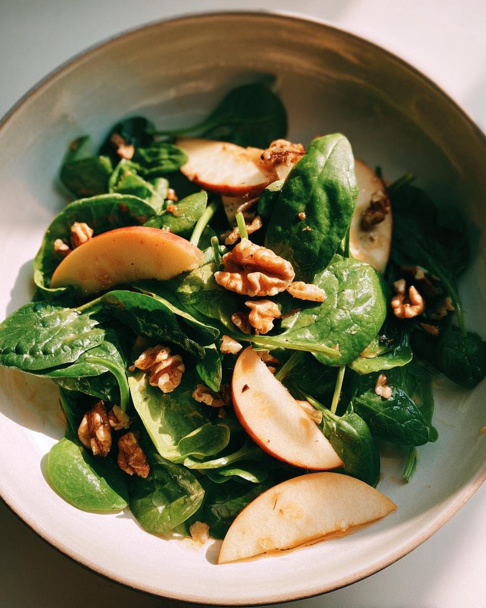 Nahaufnahme eines Quick Healthy Easy Apple Spinach Salad mit frischem Spinat, Apfelscheiben und Waln&uuml;ssen in einer hellen Schale.