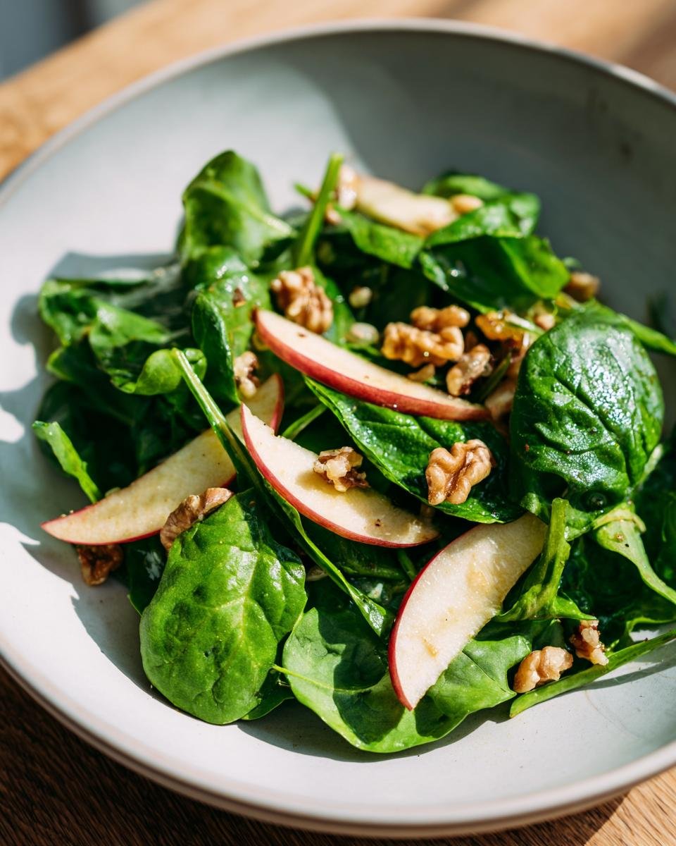 Nahaufnahme eines Quick Healthy Easy Apple Spinach Salad mit frischem Spinat, Apfelscheiben und Waln&uuml;ssen in einer hellen Sch&uuml;ssel.
