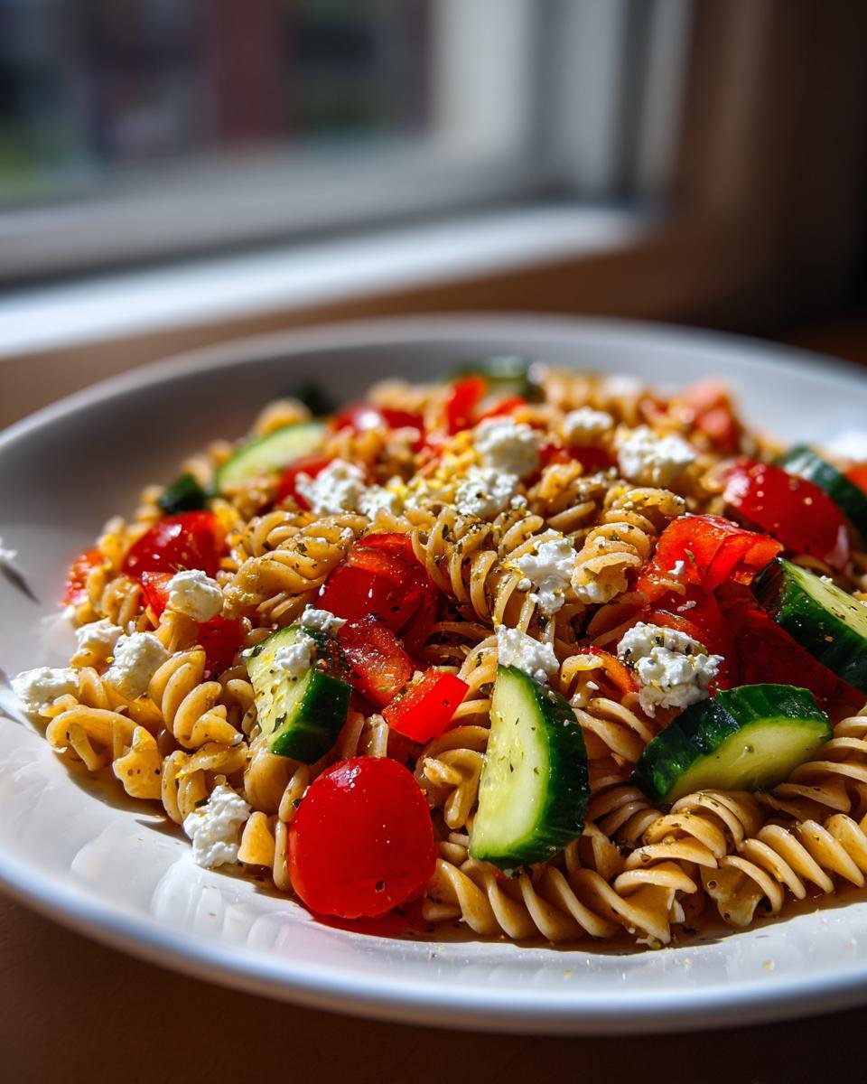 Nahaufnahme von Quick Healthy Pasta Salad In 20 Minutes mit Spiralnudeln, Gurkenscheiben, Tomaten und Feta.