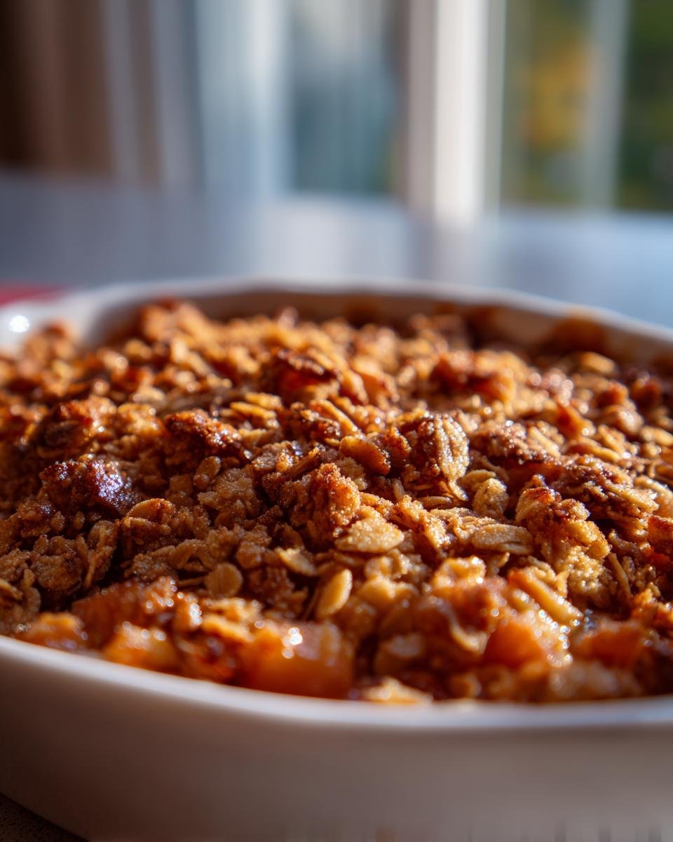 Nahaufnahme eines frisch gebackenen, knusprigen Toppings auf dem Delicious Easy Rhubarb Crisp Recipe.