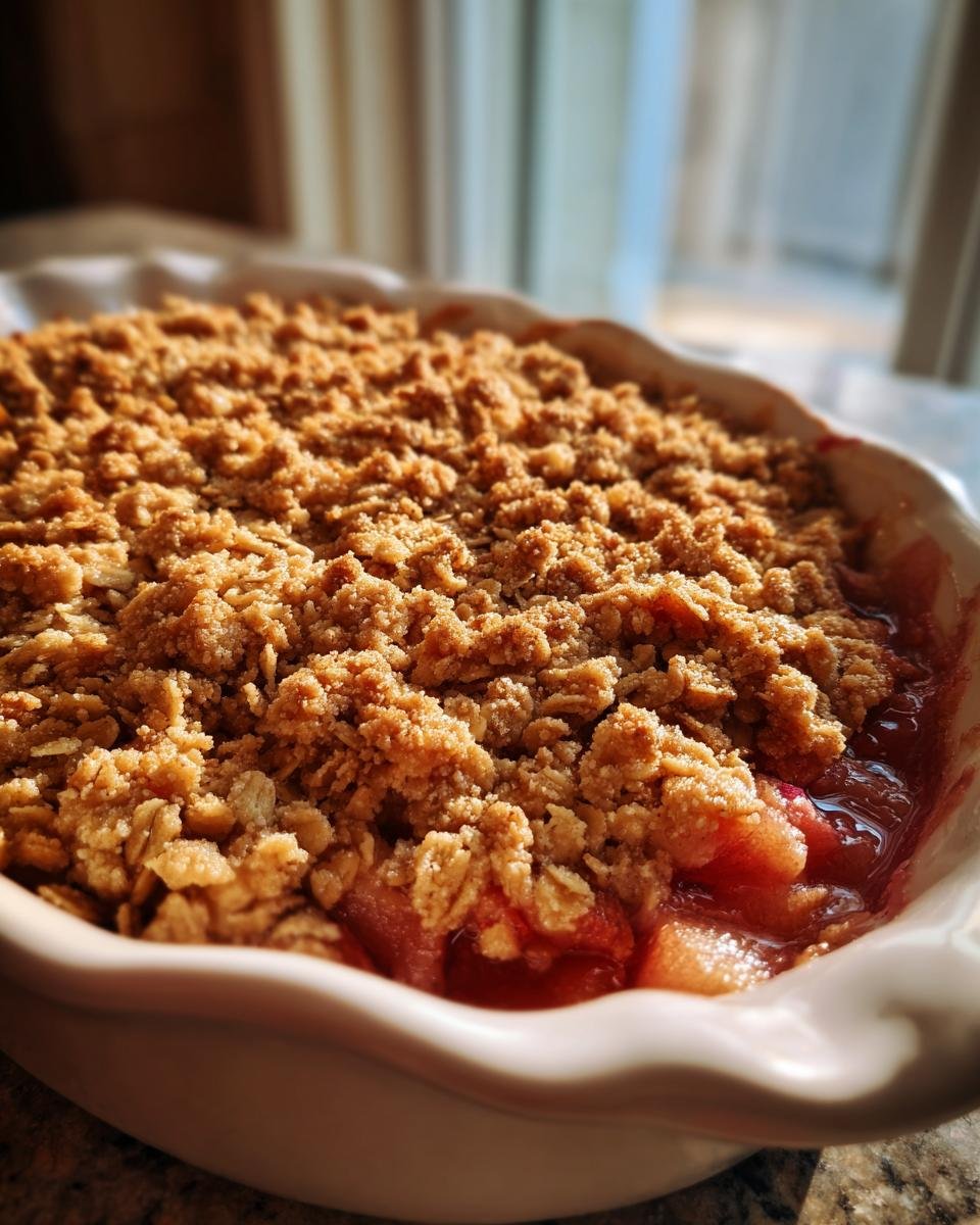 Nahaufnahme eines frisch gebackenen Rhabarber Crumble mit goldbrauner Streuseldecke in einer wei&szlig;en Auflaufform.