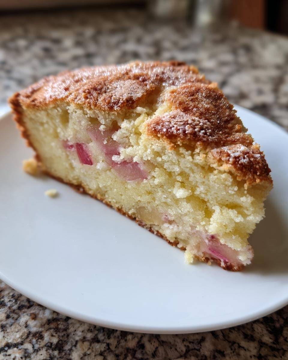Nahaufnahme eines St&uuml;cks Rhabarber-Guss-Scones mit sichtbaren Rhabarberst&uuml;cken im Teig.
