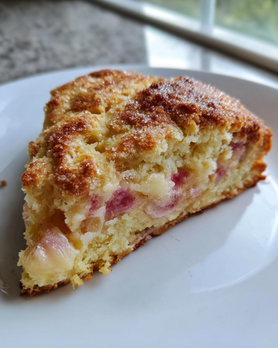 Nahaufnahme eines St&uuml;cks saftiger Rhabarber-Pudding-Scone mit Zuckerkruste auf einem wei&szlig;en Teller.