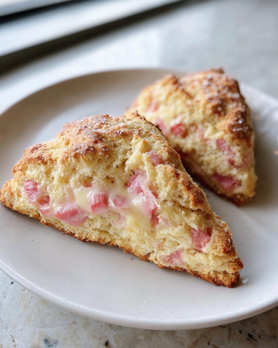Zwei aufgeschnittene Delicious Rhubarb Custard Scones Recipe mit sichtbarer Rhabarber-F&uuml;llung auf einem wei&szlig;en Teller.