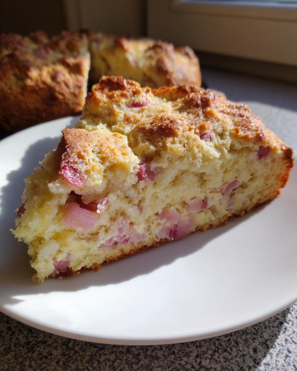 Nahaufnahme eines St&uuml;cks Rhabarber-Pudding-Scones auf einem wei&szlig;en Teller, mit sichtbaren Rhabarberst&uuml;cken.